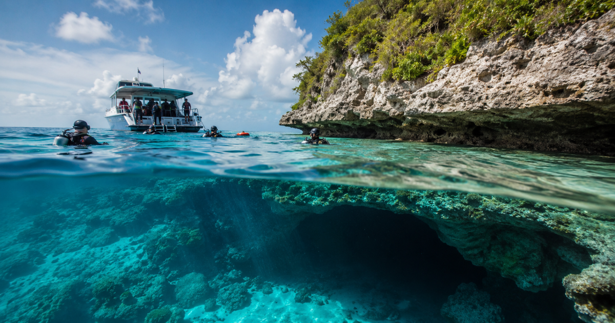 Imagen de una cueva submarina en Maldivas con aguas cristalinas y un buzo en la distancia