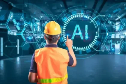 Una persona trabajando frente a una pantalla con iconos de inteligencia artificial
