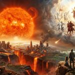 Imagen de un planeta en destrucción, con una gigante roja al fondo