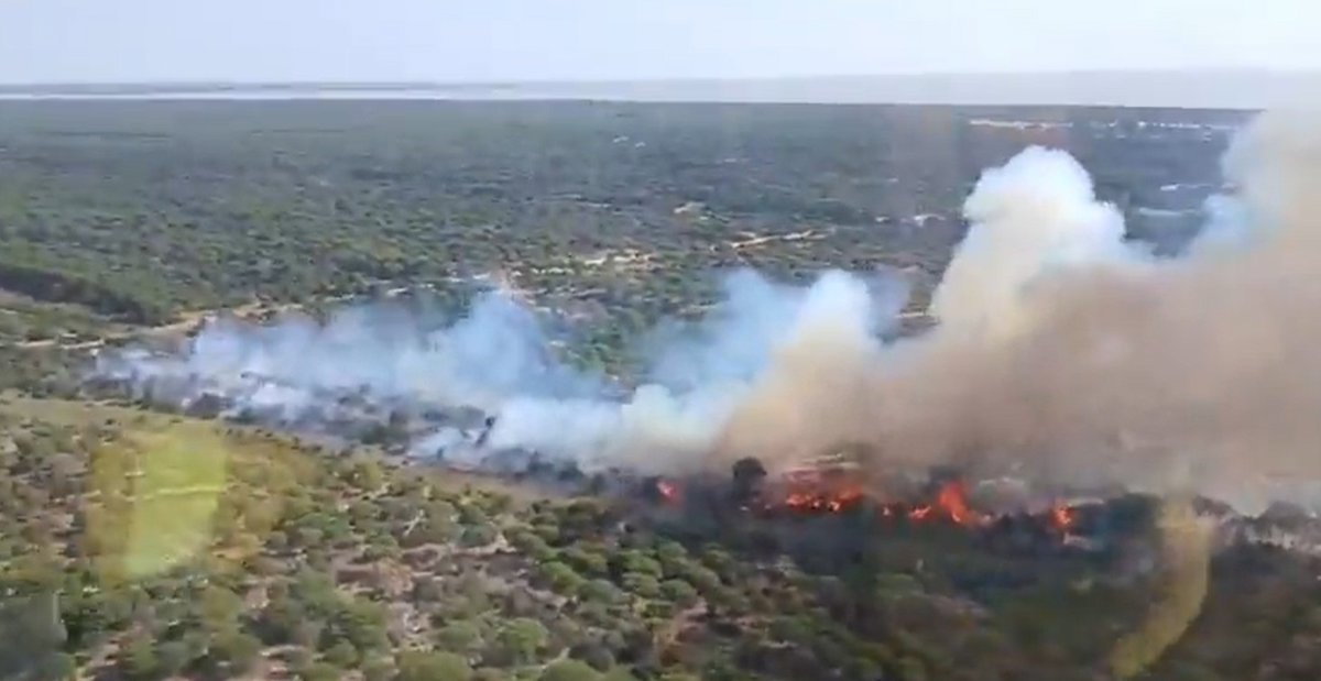 Un helicóptero sobrevuela el paraje Marismillas de Almonte durante la extinción del incendio