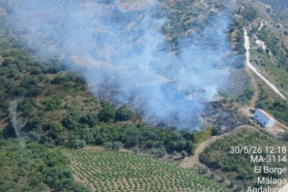 Un camión de bomberos en acción para sofocar un incendio en una zona forestal cerca de Almáchar