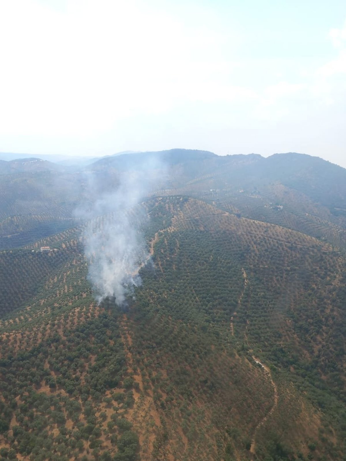 Imagen de un helicóptero semipesado apagando un incendio en una zona agrícola de Pozoblanco