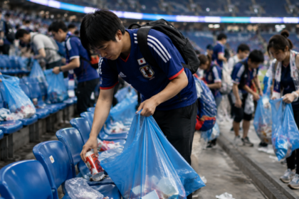 Hinchas japoneses recogiendo basura en un estadio de fútbol