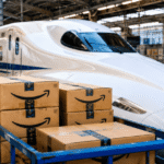 Cajas de Amazon en un tren Shinkansen viajando a alta velocidad por Japón