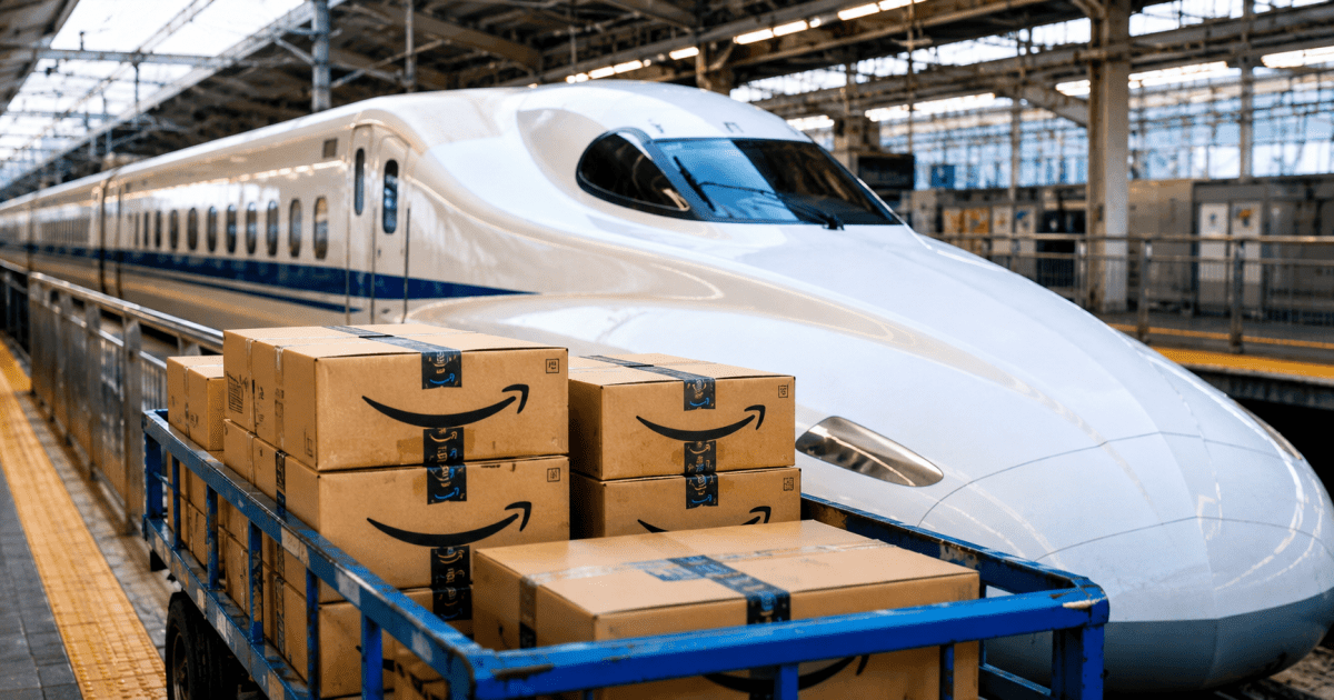 Cajas de Amazon en un tren Shinkansen viajando a alta velocidad por Japón