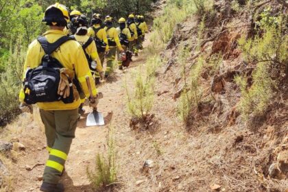 Un grupo de bomberos forestales trabajando en un área afectada por un incendio forestal en Huelva