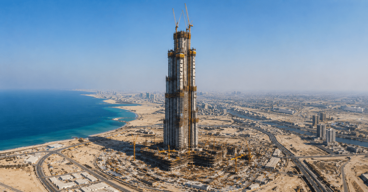La Torre Jeddah en construcción, con más de 100 pisos y una altura que supera los 1000 metros